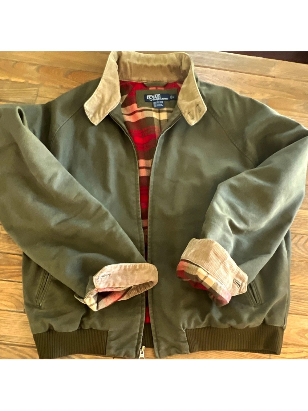 Ralph Lauren Olive Green Bomber Jacket with Tan Corduroy Collar
